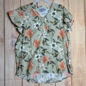 Alex & Parker Floral Blouse Womens L Green Linen Blend Flutter Sleeve Cottage